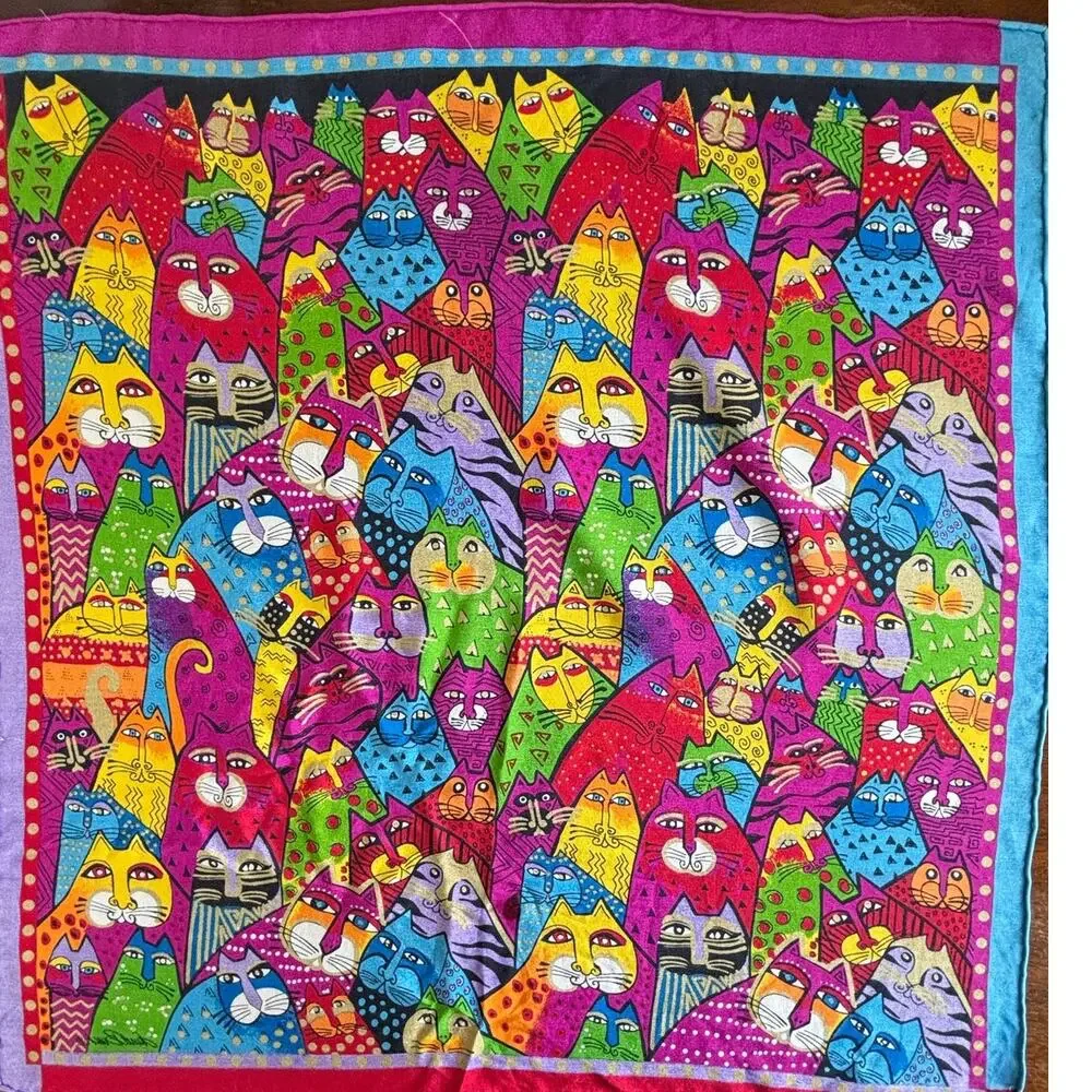 Vintage Laurel Burch Scarf Fantasticats Cat Print Square Silk Scarf